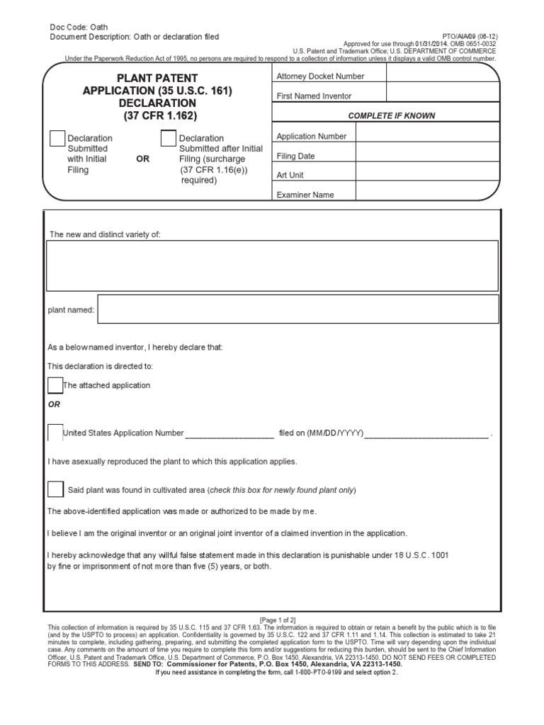 Plant patent application 35 u s c 161 declaration 37 cfr 1 162162