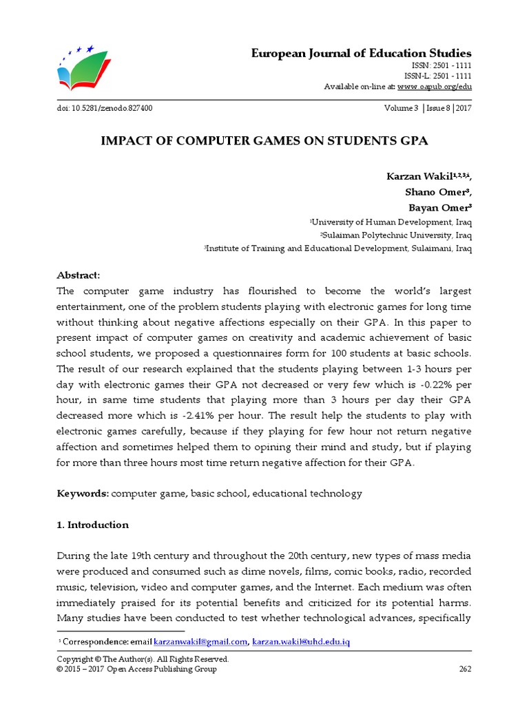 Impact of Games On Student's GPA 89234713PB PDF Creative