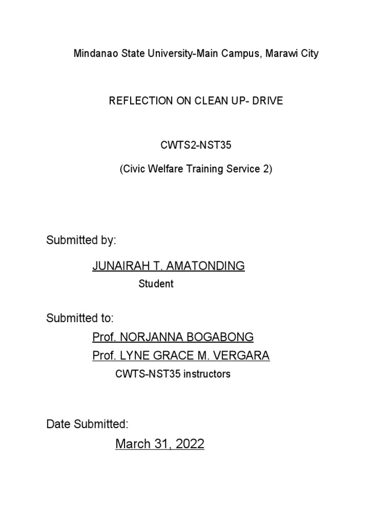 REFLECTION On CLEAN UP DRIVE CWTS2 NST35 AMATONDING JUNAIRAH T PDF
