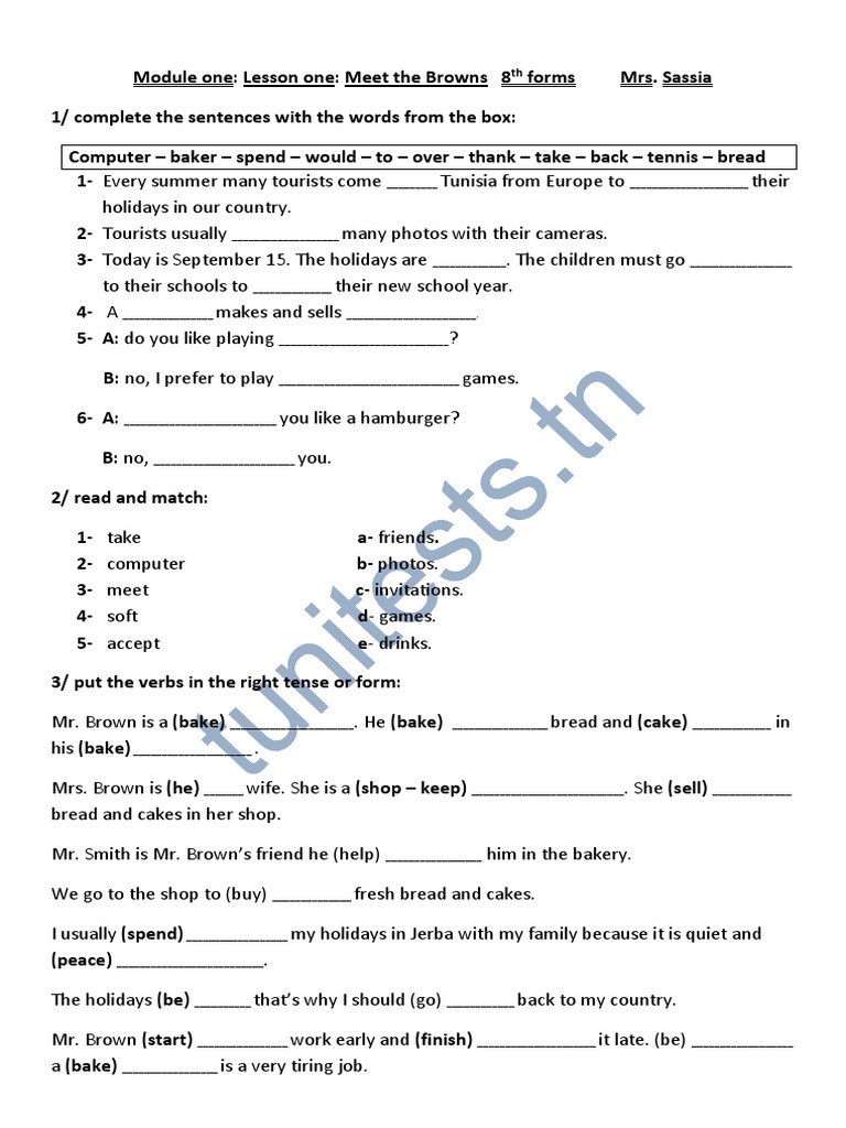 Serie D Exercices 8eme Annee de BaseAnglaismod1 Meet The Browns (Review) Collège Chebbi