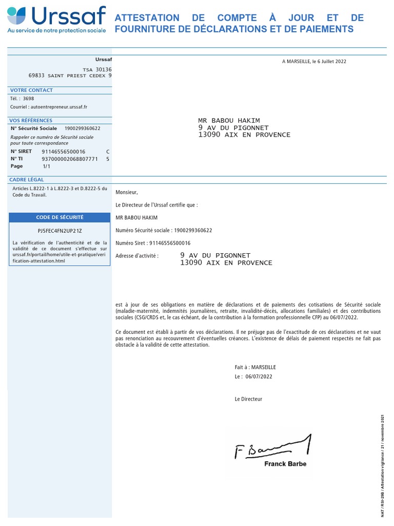 Attestation DE Compte À Jour ET DE Fourniture de Déclarations Et de ...