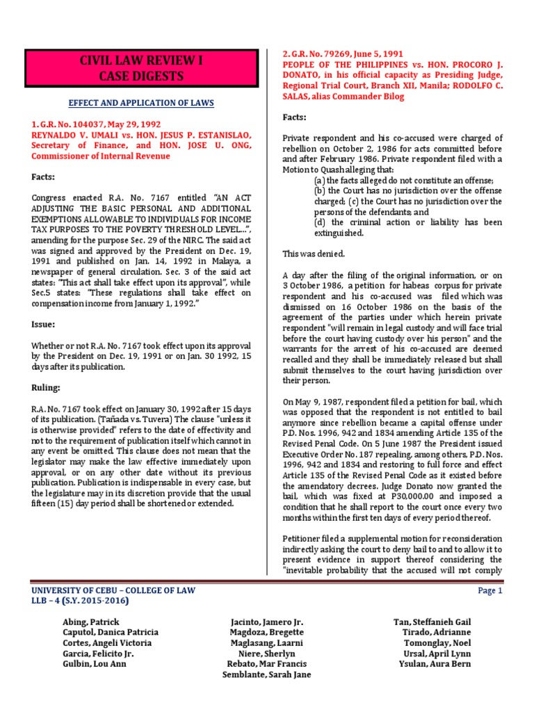 Civil Law Review I (Case Digests) PDF Defamation Statute Of