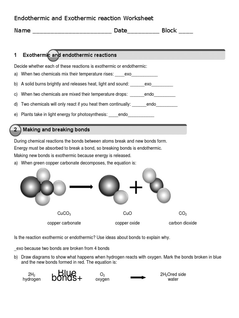 Endothermic and Exothermic Reaction Worksheet Answers PDF Chemical