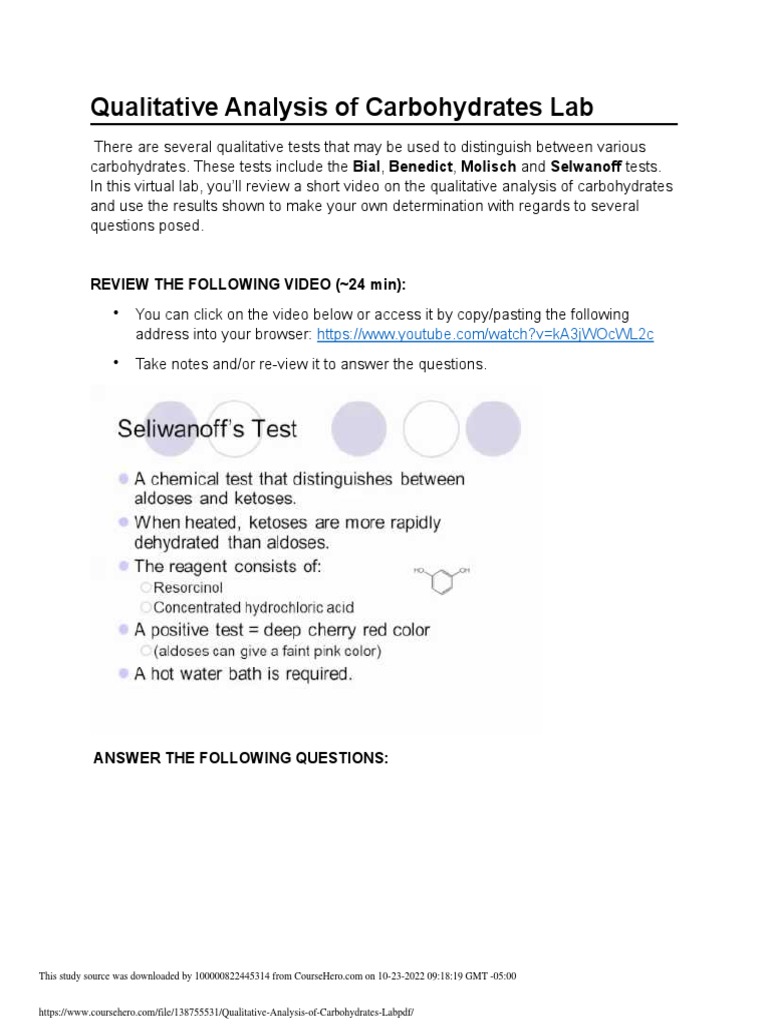 Qualitative Analysis of Carbohydrates Lab PDF PDF Biochemistry