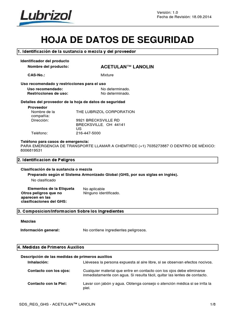 SDS ACETULAN LANOLIN Lubrizol (Sept 2014) ESP PDF