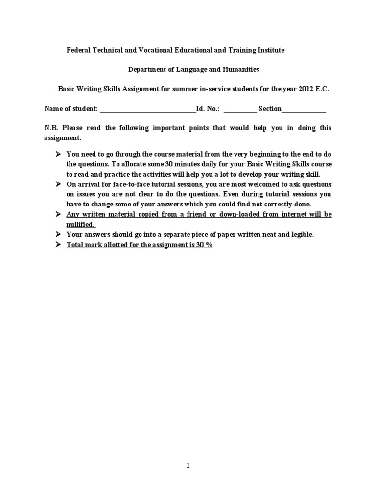 Basic Writing Skills Assignment Guide | PDF