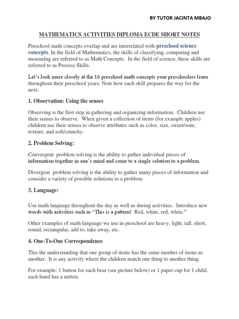 Mathematics activities diploma ecde short notes pdf teaching