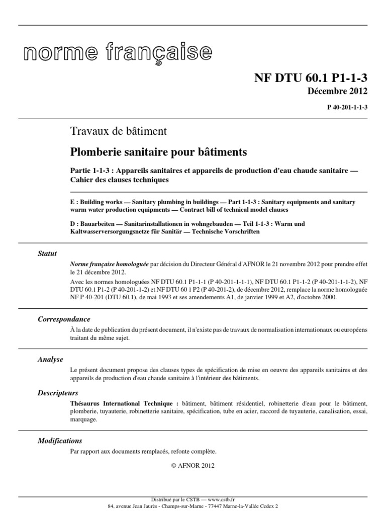 NF DTU 60.1 Appareil Sanitaire | PDF | Code de la construction et de l ...