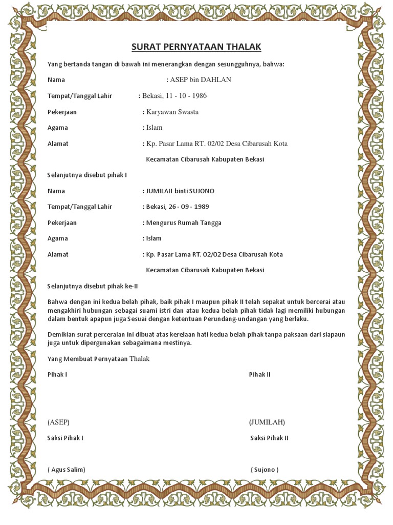 Contoh Surat Pernyataan Cerai | PDF