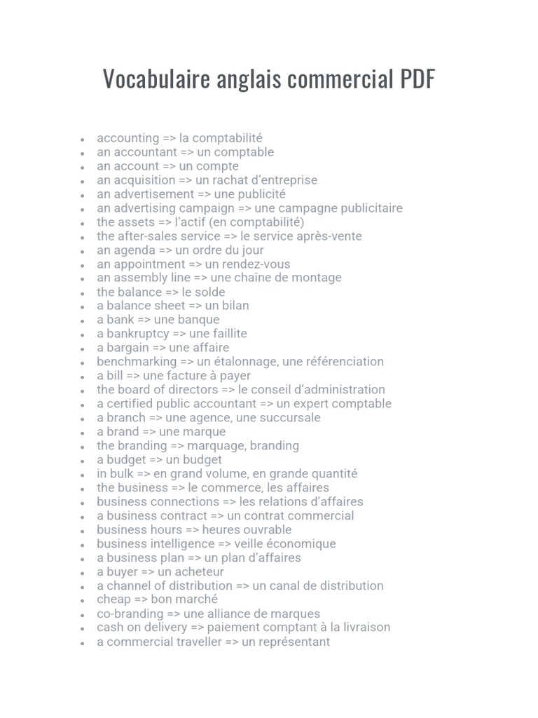 Vocabulaire Anglais Commercial PDF PDF