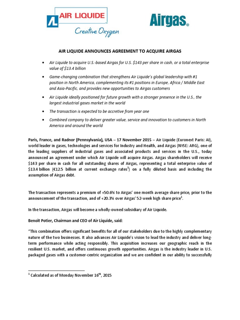 Air Liquide to Acquire Airgas for $13.4B | PDF | U.S. Securities And ...