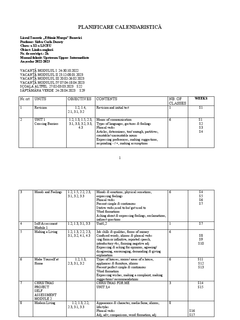 Upstream English Curriculum Plan | PDF | Verb | Language Mechanics