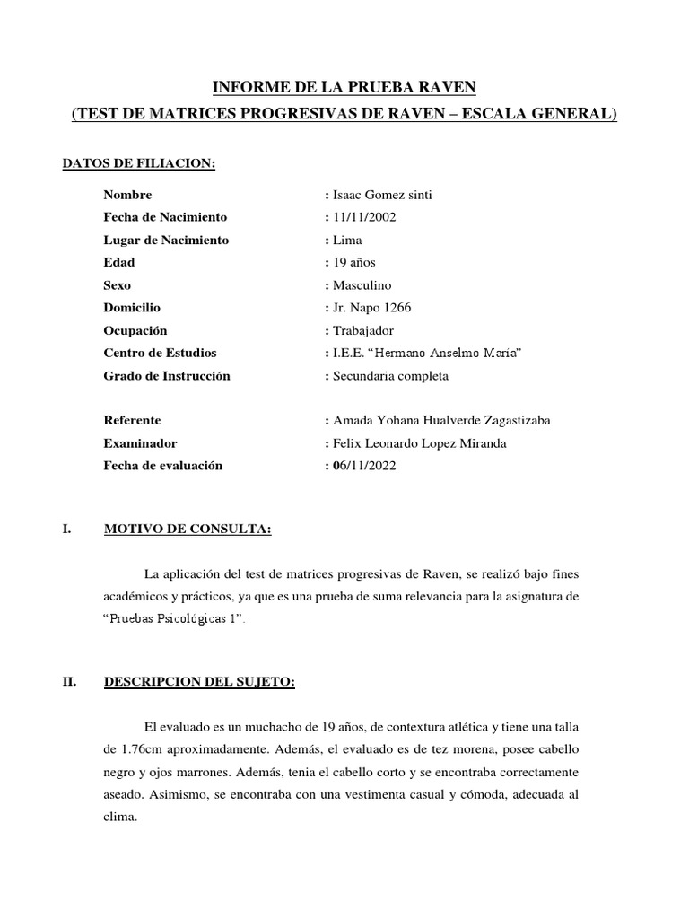 Informe de Prueba Raven: Isaac Gomez | PDF | Ciencia cognitiva | Sicología