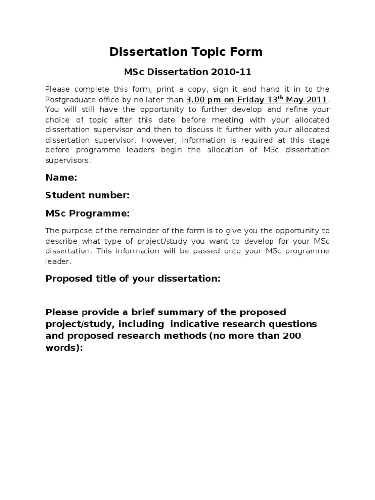 MSc Dissertation Topic Submission Form | PDF | Career & Growth