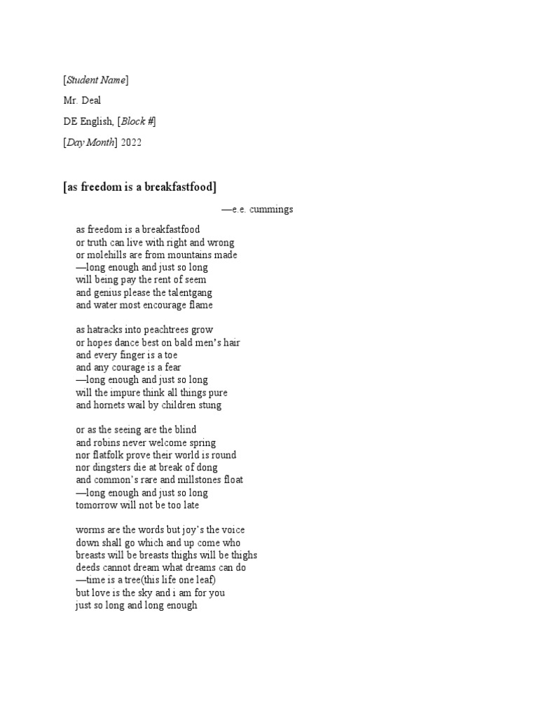 De English Poetry Explication Example - Ee Cummings | PDF | Poetry | Verb