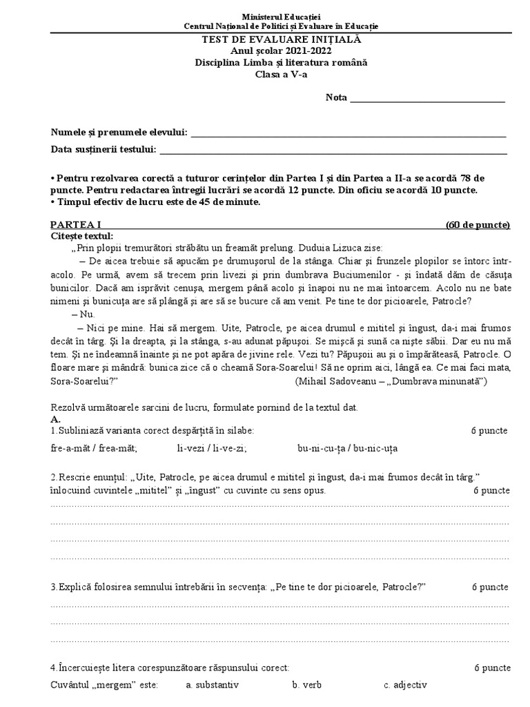 Test Initial Cl. 5 20212022 | PDF