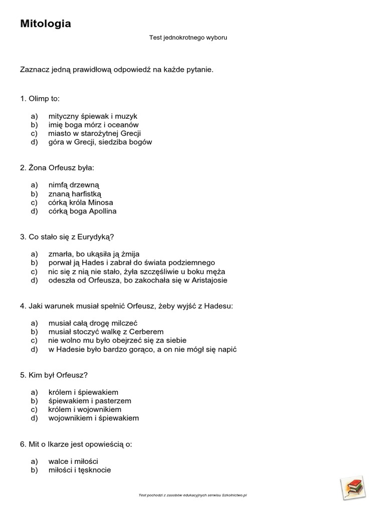 Mity Greckie Klasa 5 Sprawdzian Mity Gtrckie Sprawdzian 2 | PDF