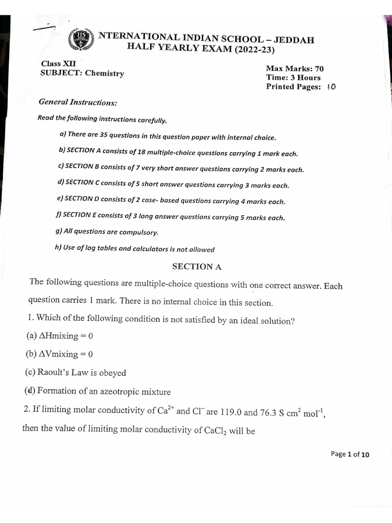 Chem Half Yearly Exam 2022-2023 | PDF