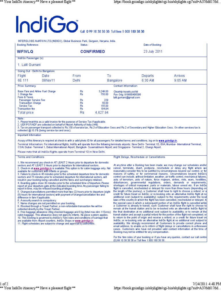 Your IndiGo Itinerary 1107234179 Airport Fee