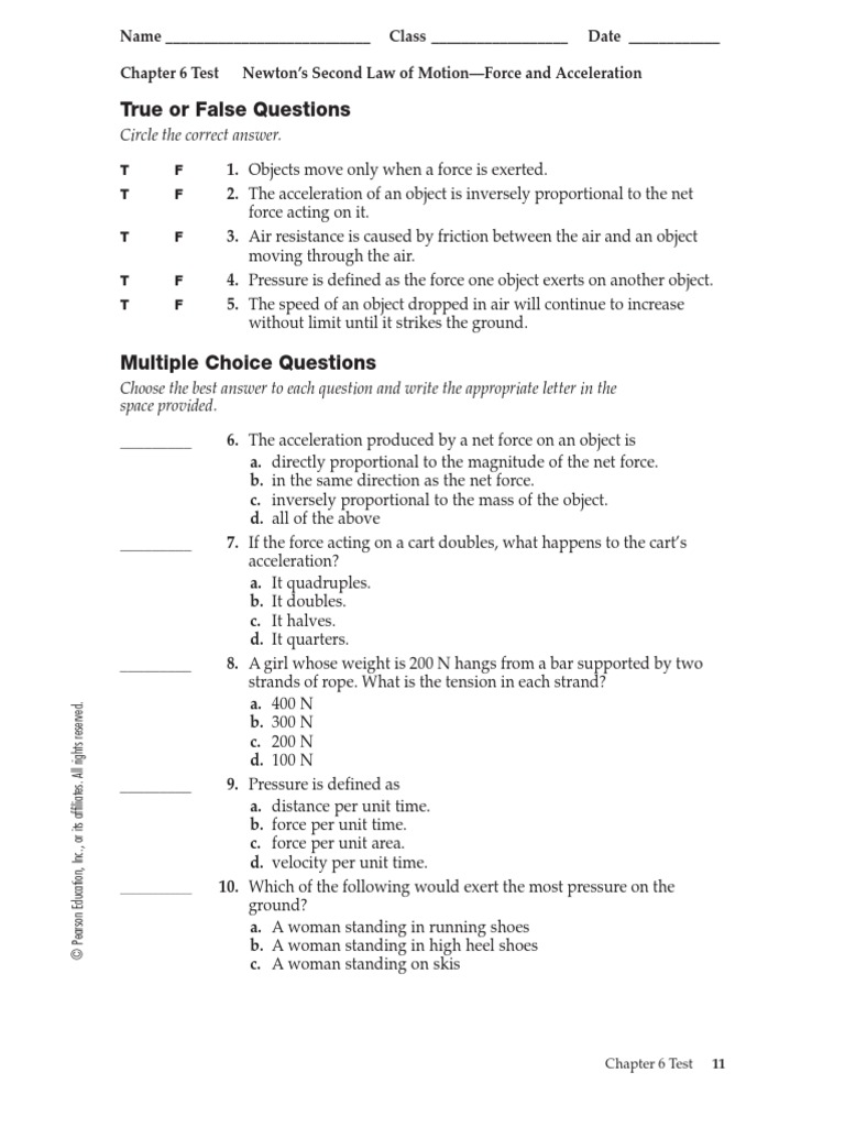 Physics Chapter 6 Practice Test Pdf Force Acceleration