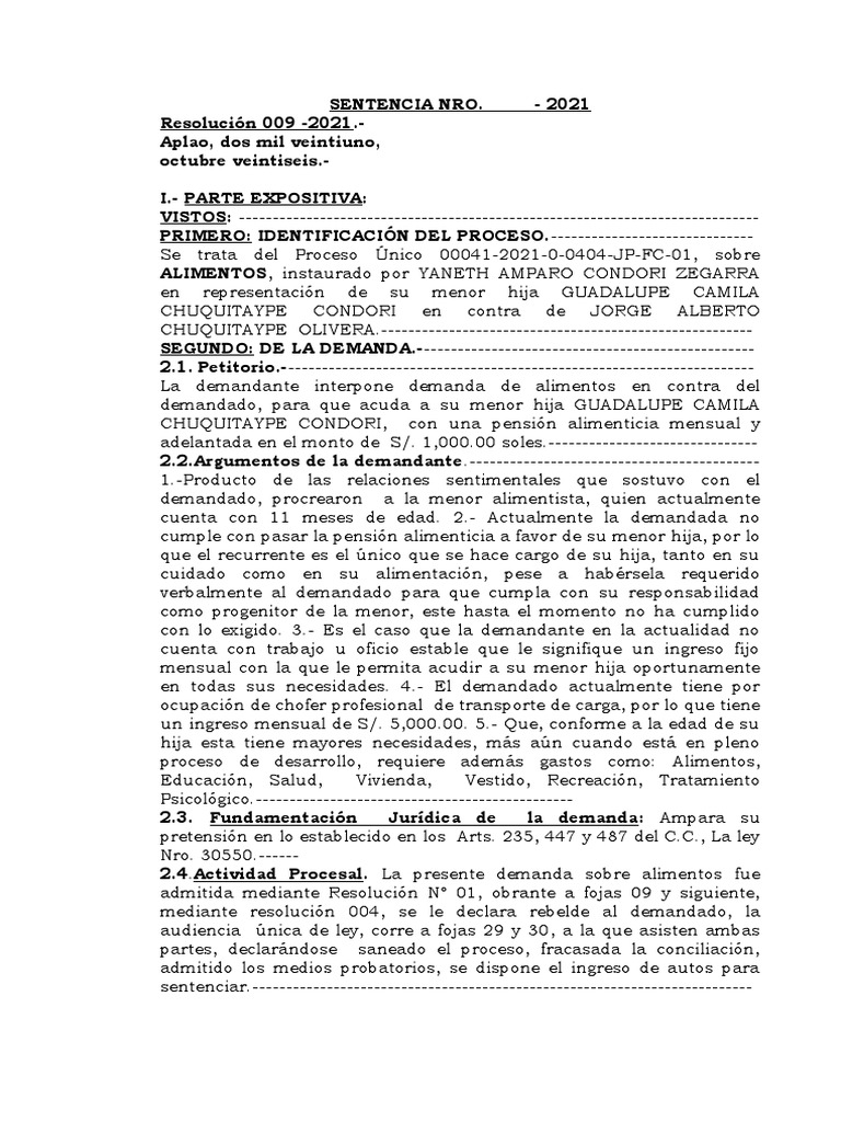 Sentencia Alimentos Una Hija | PDF | Pensión alimenticia | Constitución