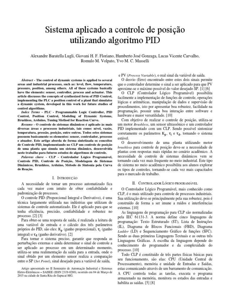 Sistema Aplicado A Controle de Posição Utilizando Algoritmo PID | PDF ...