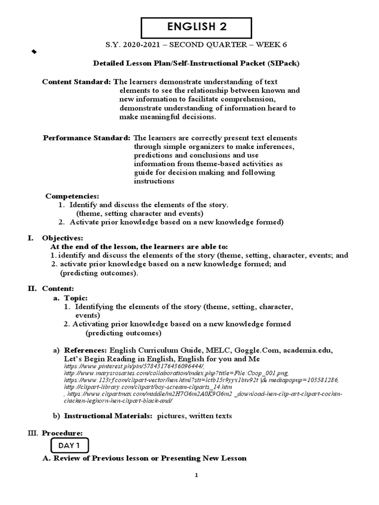 Grade 2 English Lesson Plan: Week 6 | PDF | Learning | Reading ...
