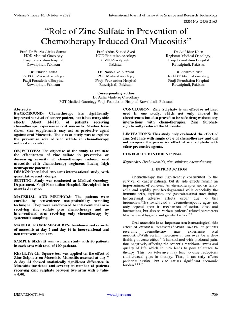 Role of Zinc Sulfate in Prevention of Chemotherapy Induced Oral