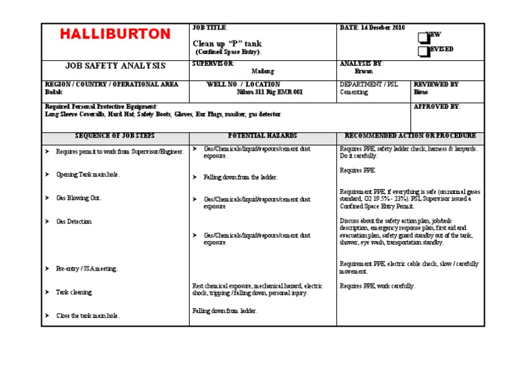 JSA Clean Up Tank PDF Personal Protective Equipment Workplace