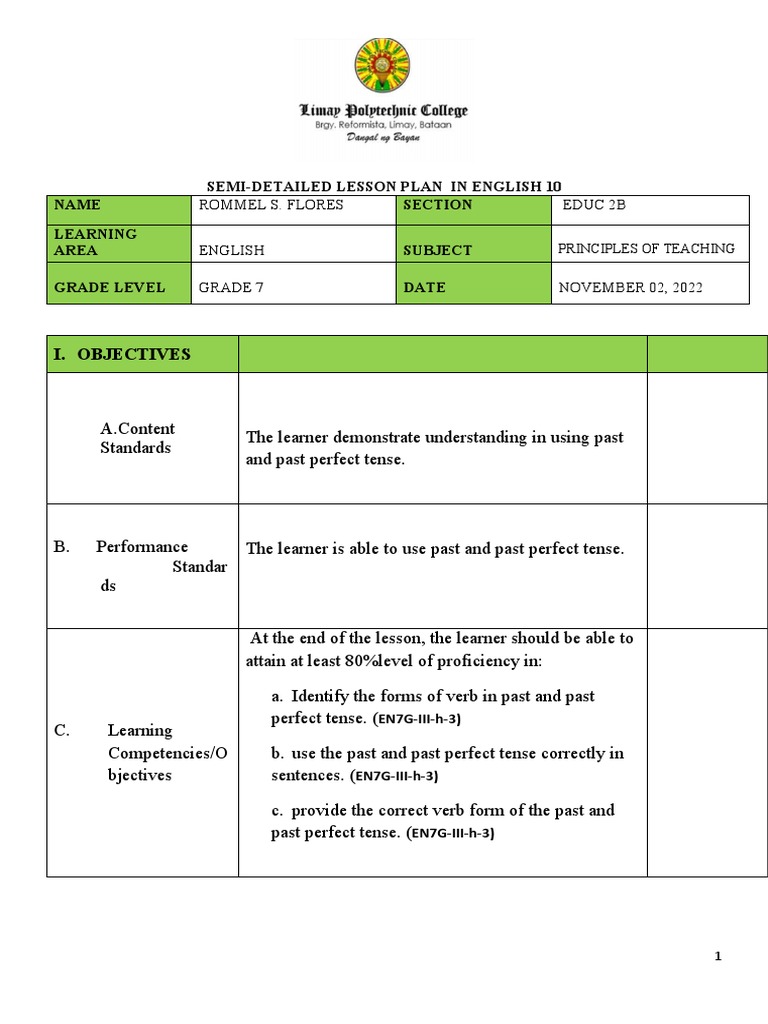 English 10 Lesson Plan: Past Tenses | PDF