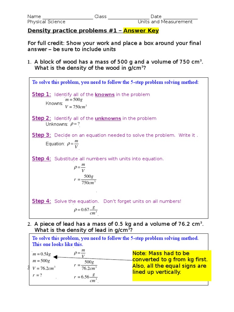 Density Practice Problems 1 Key Density Equations