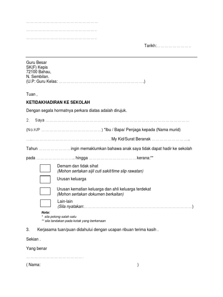 Surat Ketidakhadiran Ke Sekolah Pdf
