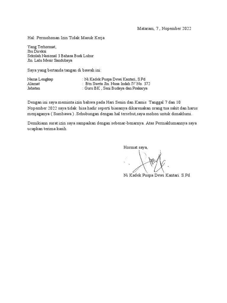 Surat Izin Tidak Masuk Kerja Sakit | PDF