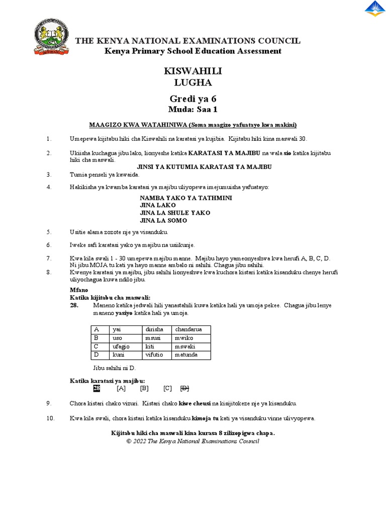 Kiswahili Grade 6 Sample PDF