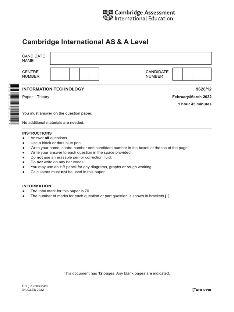 Cambridge International AS & A Level: Information Technology 9626/12 | PDF