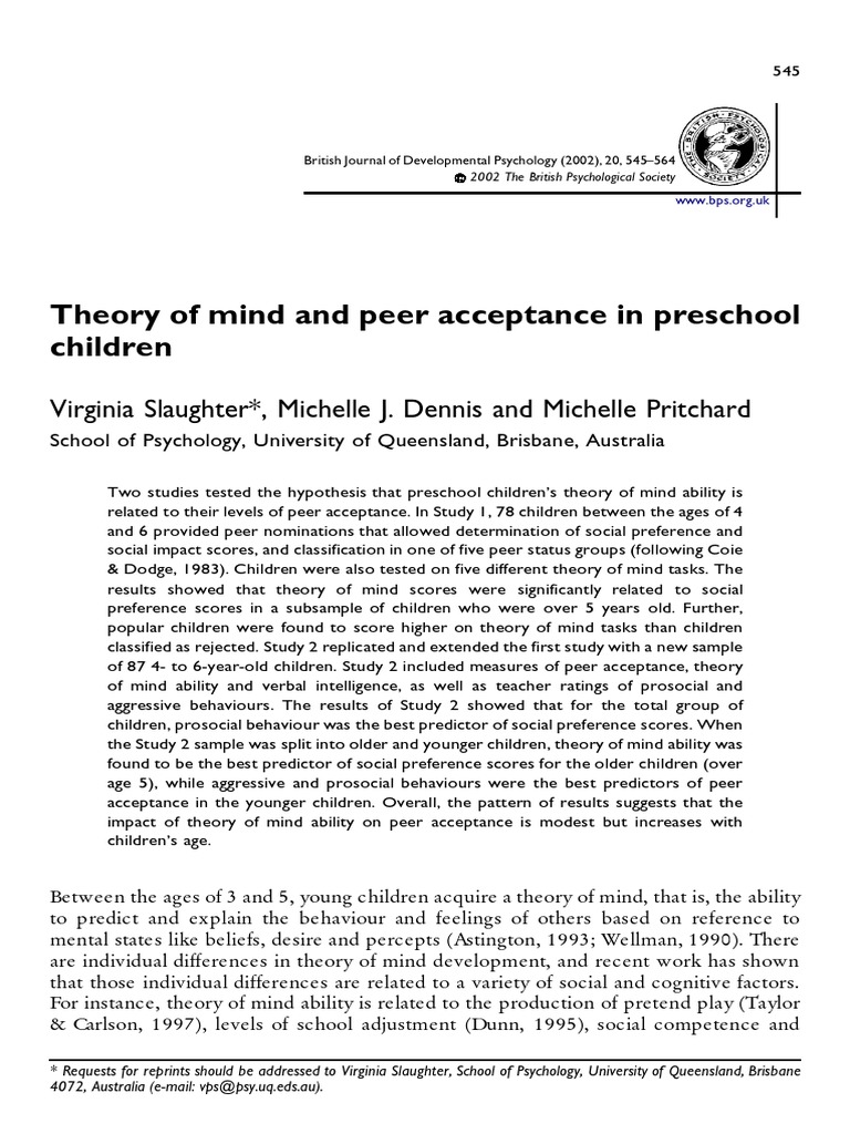 Theory of Mind and Peer Acceptance | PDF