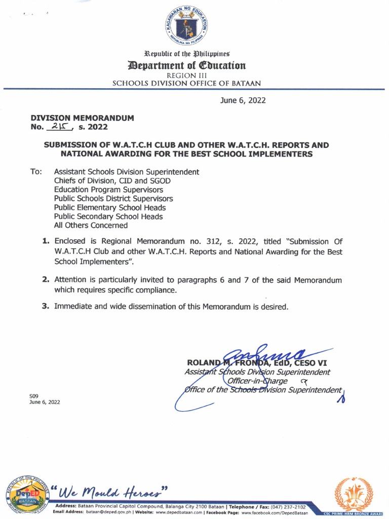Division Memorandum No. 215 S. 2022 PDF