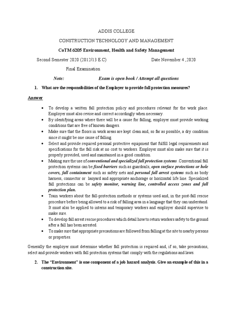 Addis College Safety and Health Final Exam Nov 2020 PDF Personal