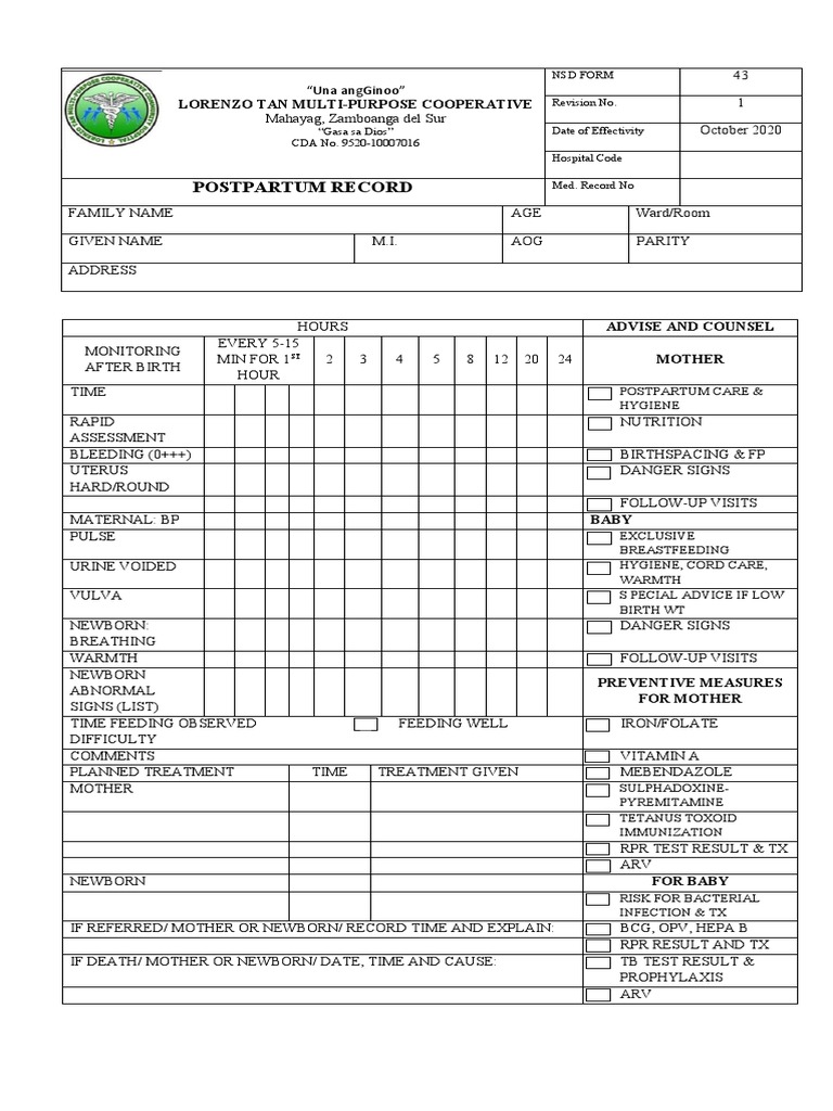 Postpartum Monitoring Record Form | PDF
