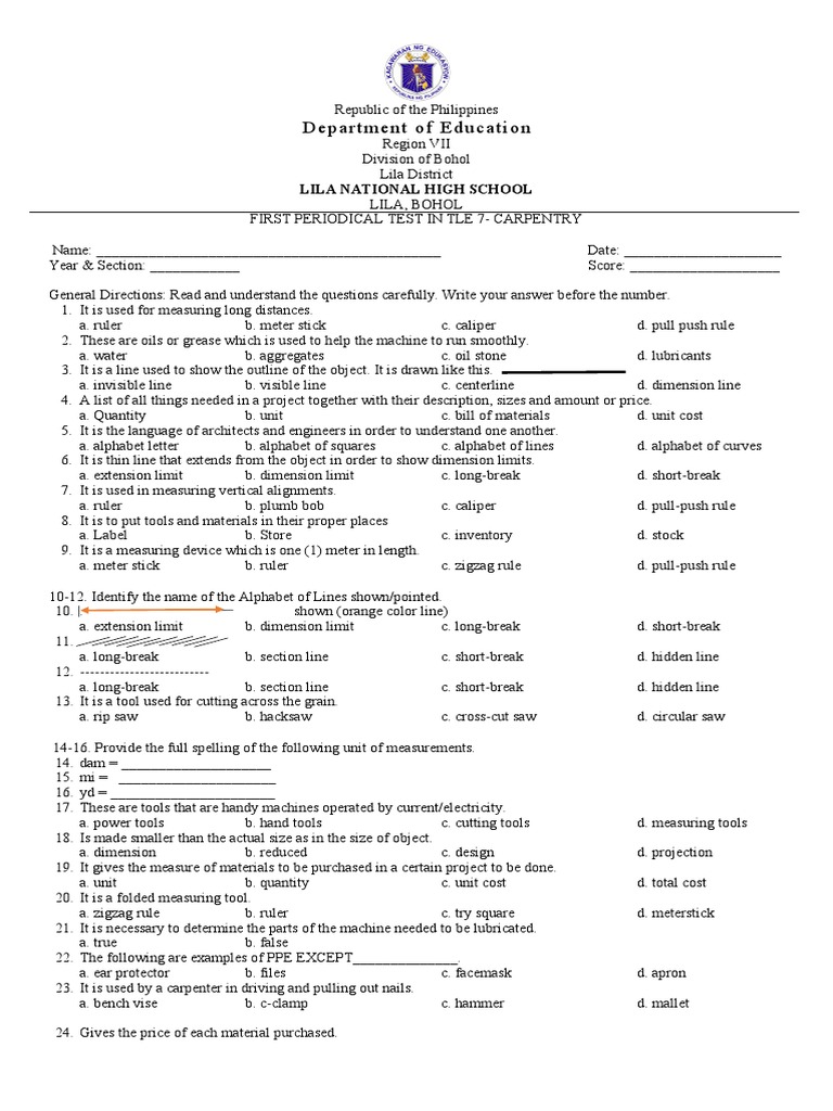 First Summative Test Carpentry PDF Drawing Tools