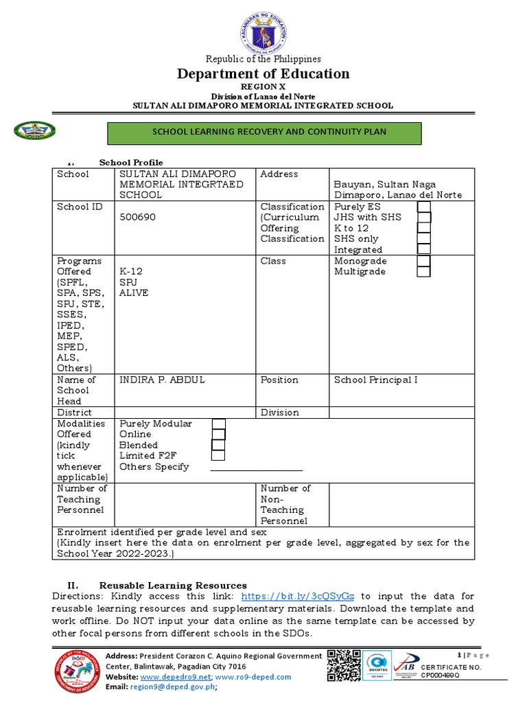 School Learning Recovery Plan PDF Learning