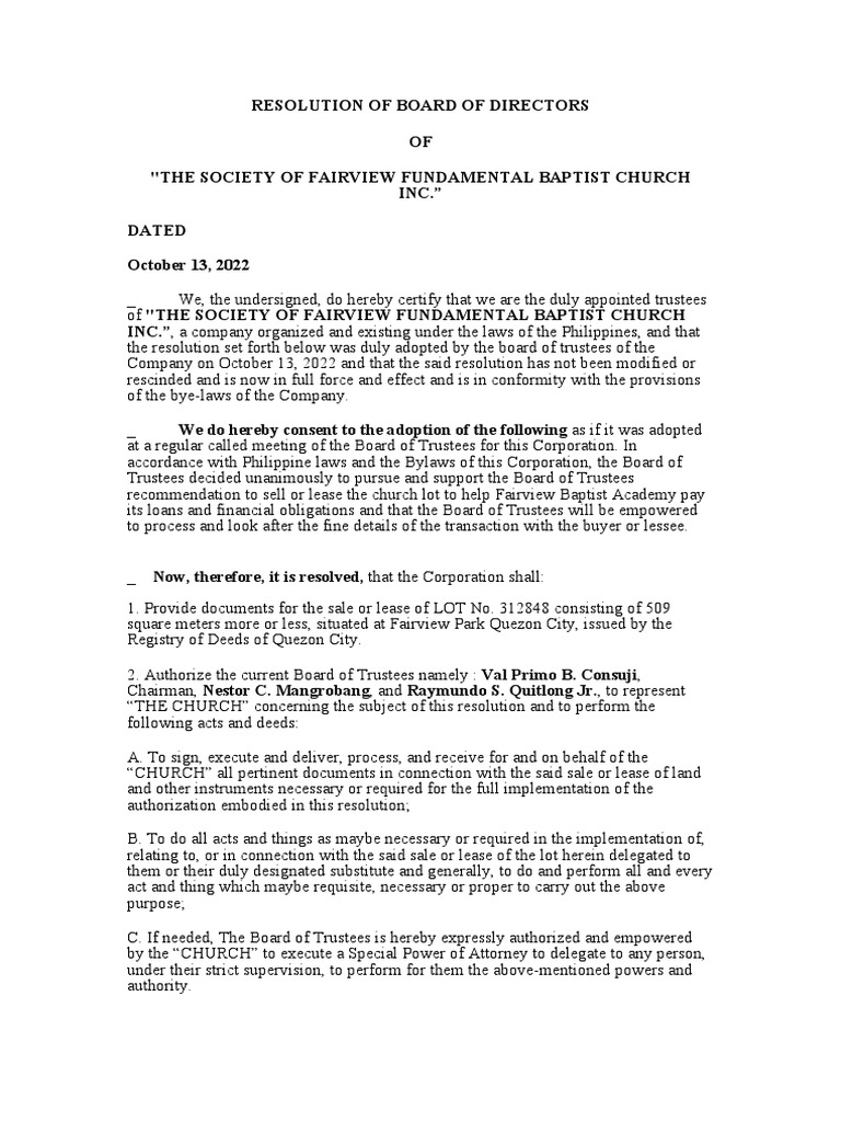 Board Resolution for Church Property Sale | PDF