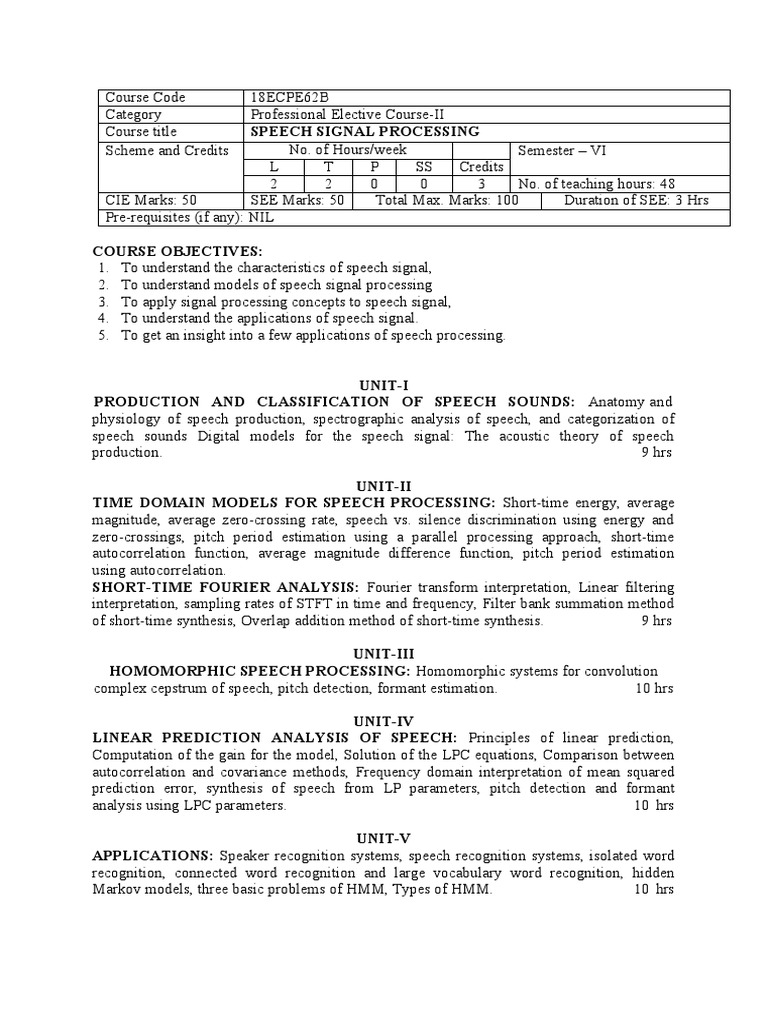 Speech Signal Processing Course Outline | PDF