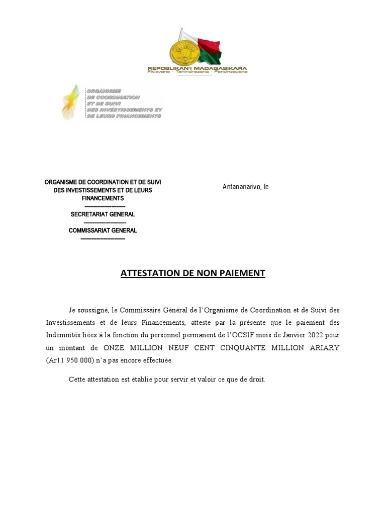 Attestation de Non Paiement PDF
