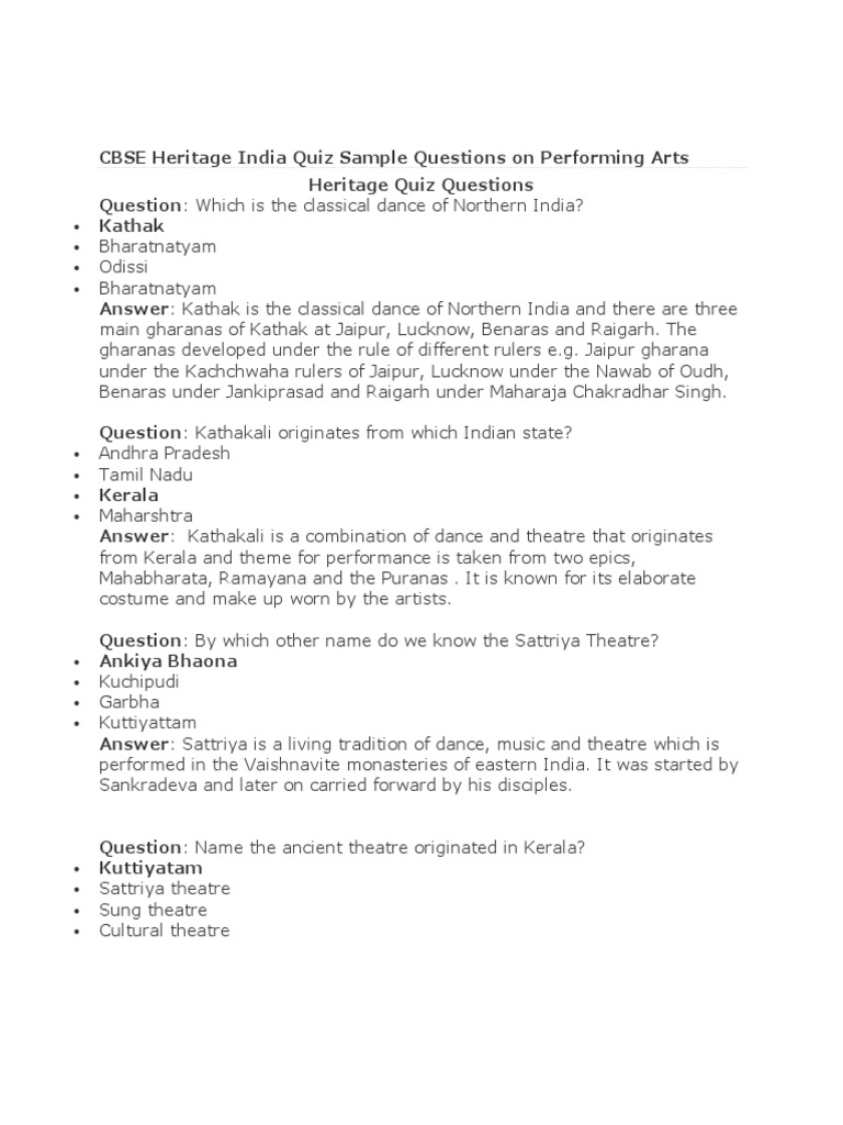Cbse Heritage India Quiz Sample Questions On Performing Arts PDF