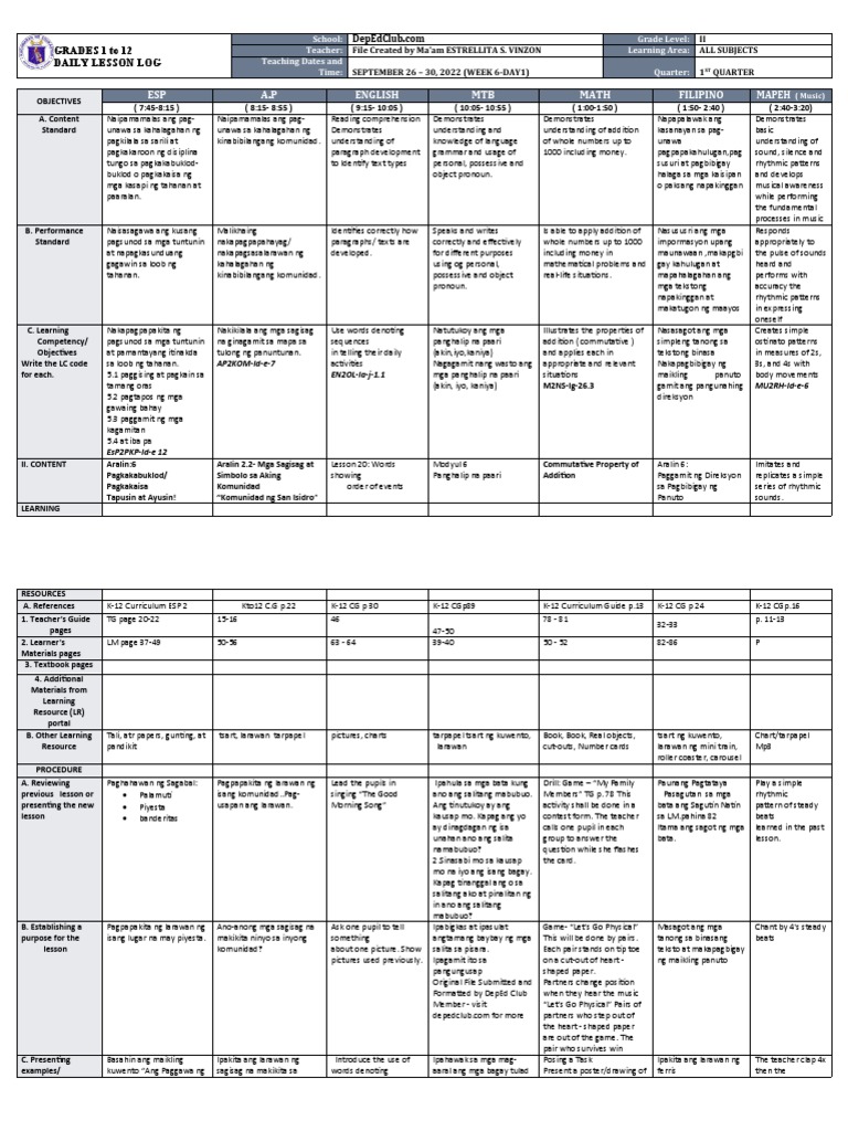 Grade 2 Daily Lesson Log: Week 6 | PDF