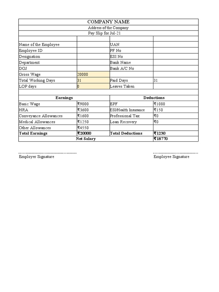 Salary Slip Format in Excel | PDF