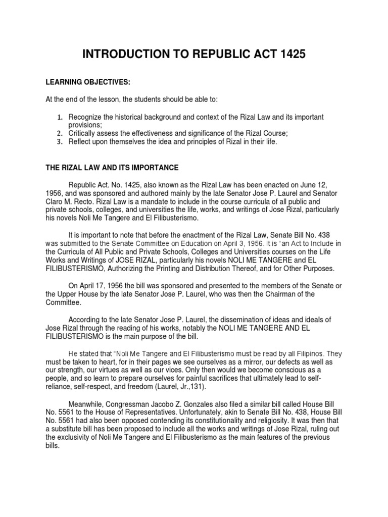 Lesson 1 Introduction To Republic Act 1425 | PDF | Politics | History