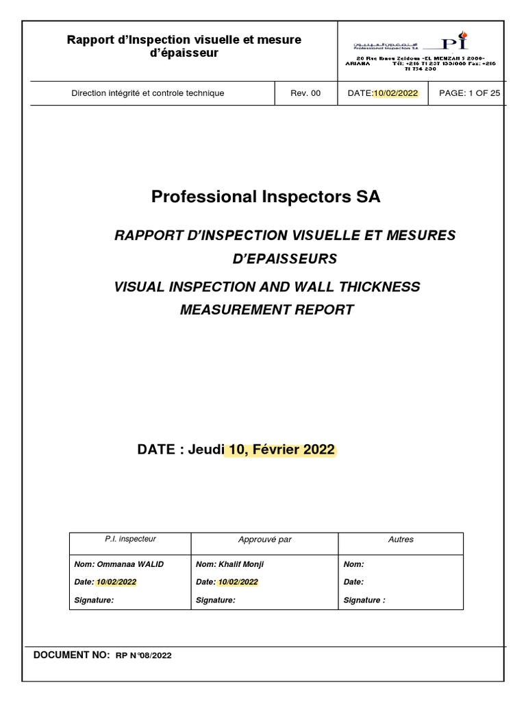 Rapport D'inspection Visuelle Et Mesure D'épaisseur de de Circuit ...