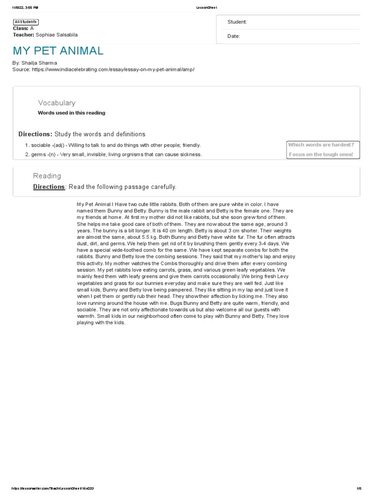 My furry friends bunny and betty a descriptive passage about two pet